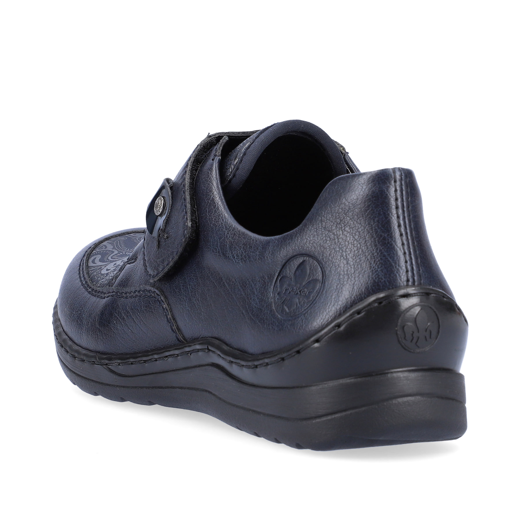 Mocassins Rieker bleus pour femmes 48951-14 avec fermeture velcro. Chaussure vue de l'arrière.