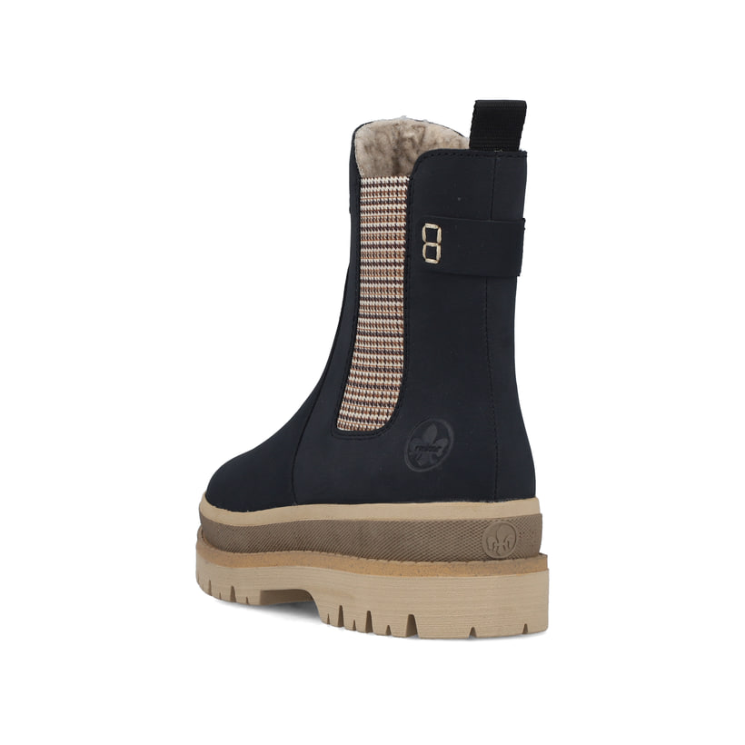 Dunkelblau-beige Rieker Damen Chelsea Boots Y6260-14 mit einem Reißverschluss. Schuh von hinten.