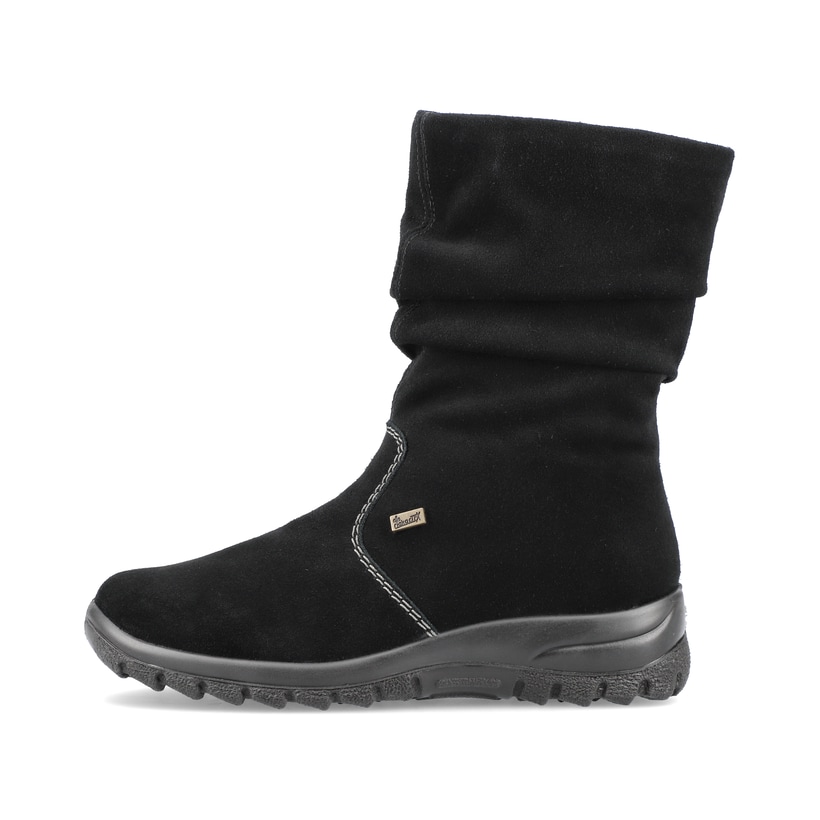 
Tiefschwarze Rieker Damen Kurzstiefel Z68M1-01 mit einer schockabsorbierenden Sohle. Schuh seitlich schräg