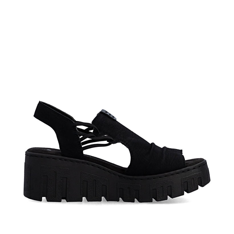 Schwarze Rieker Damen Sandalen 68075-00 mit einem Gummizug. Schuh Innenseite.