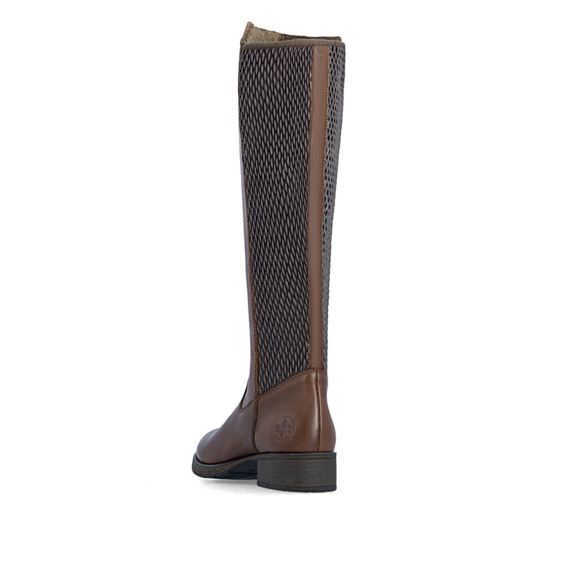 Dunkelbraune Rieker Damen Hochschaftstiefel Z9591-29 aus Glattleder. Schuh von hinten.