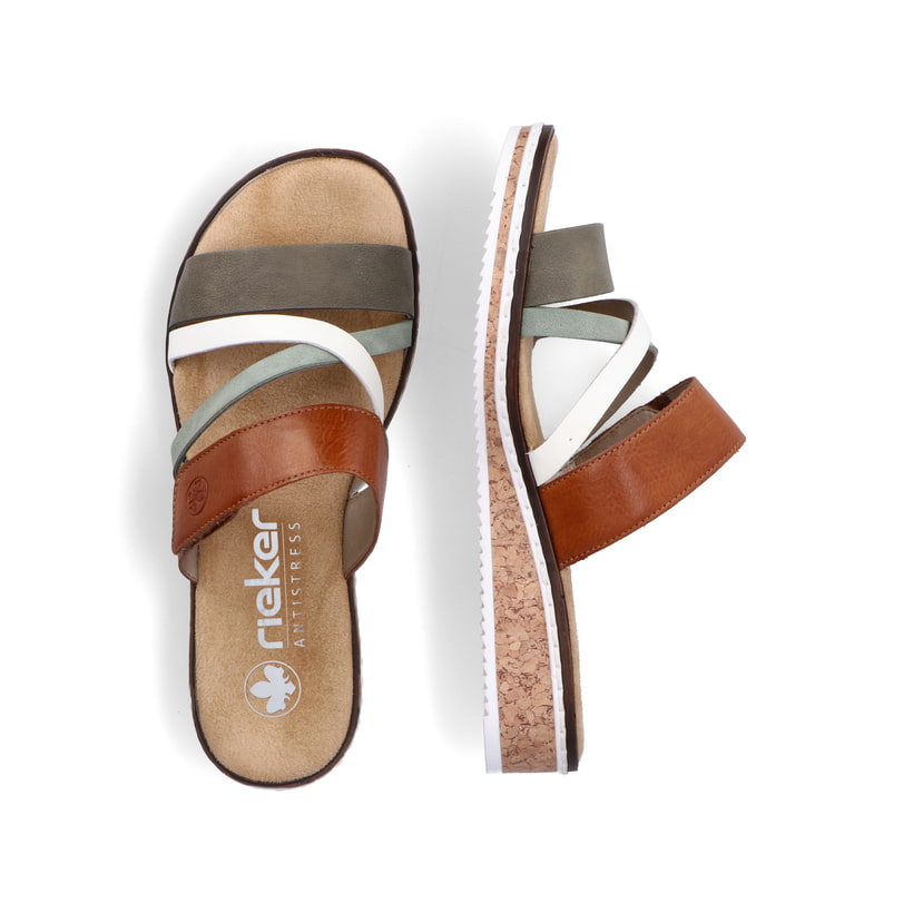 Mehrfarbige Rieker Damen Pantoletten V3652-91 mit einem Klettverschluss. Schuh von oben, liegend.