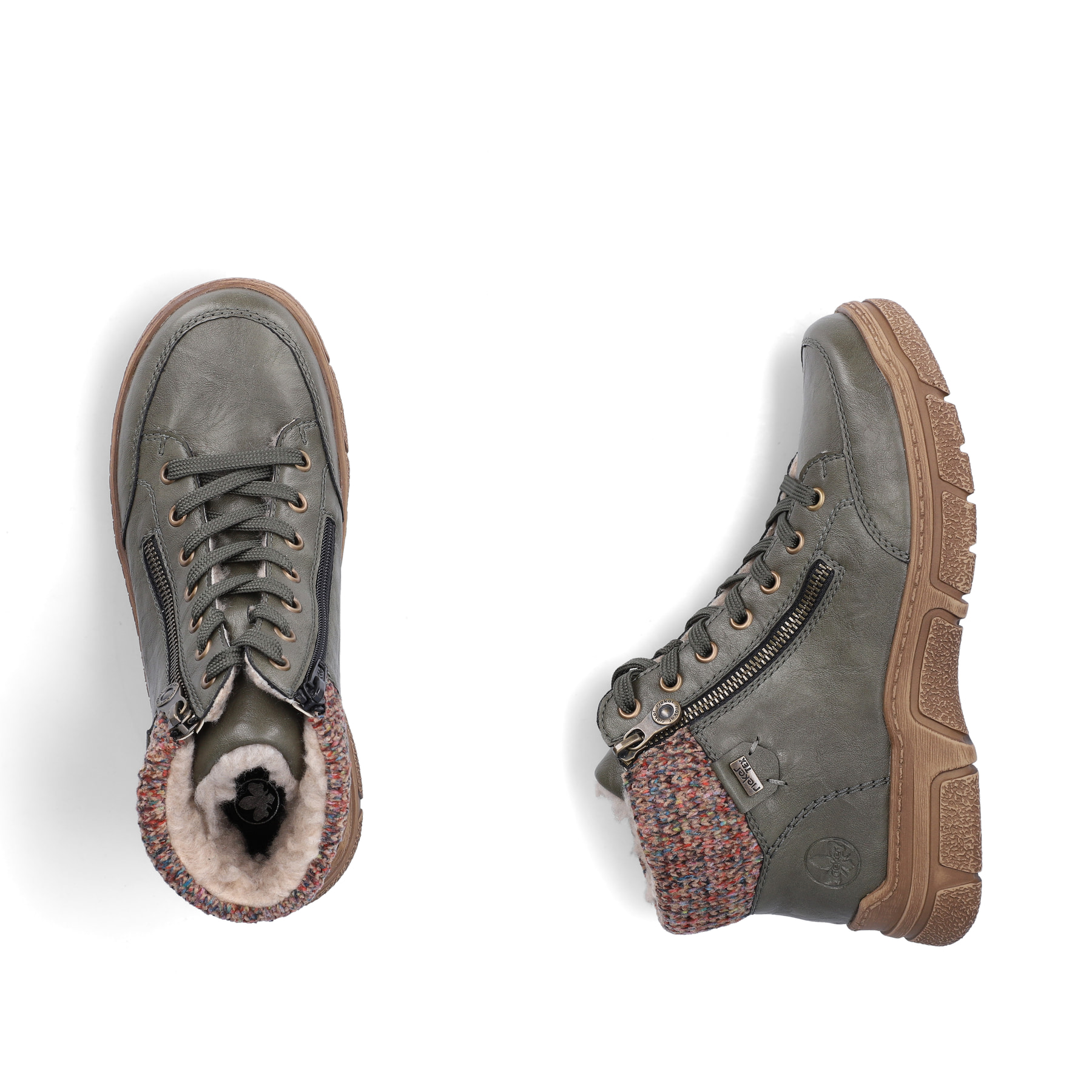 Dunkelgrüne Rieker Damen Schnürstiefel 72322-54 mit einem Reißverschluss. Schuh von oben, liegend.