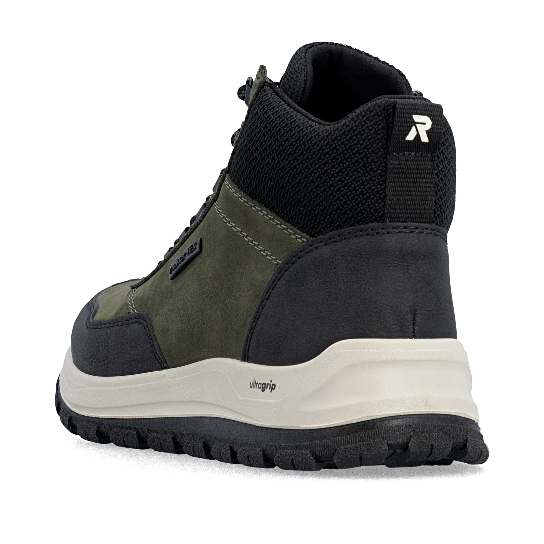 Dunkelgrün-schwarze Rieker Herren Schnürstiefel B8124-54 mit Reißverschluss. Schuh von hinten.