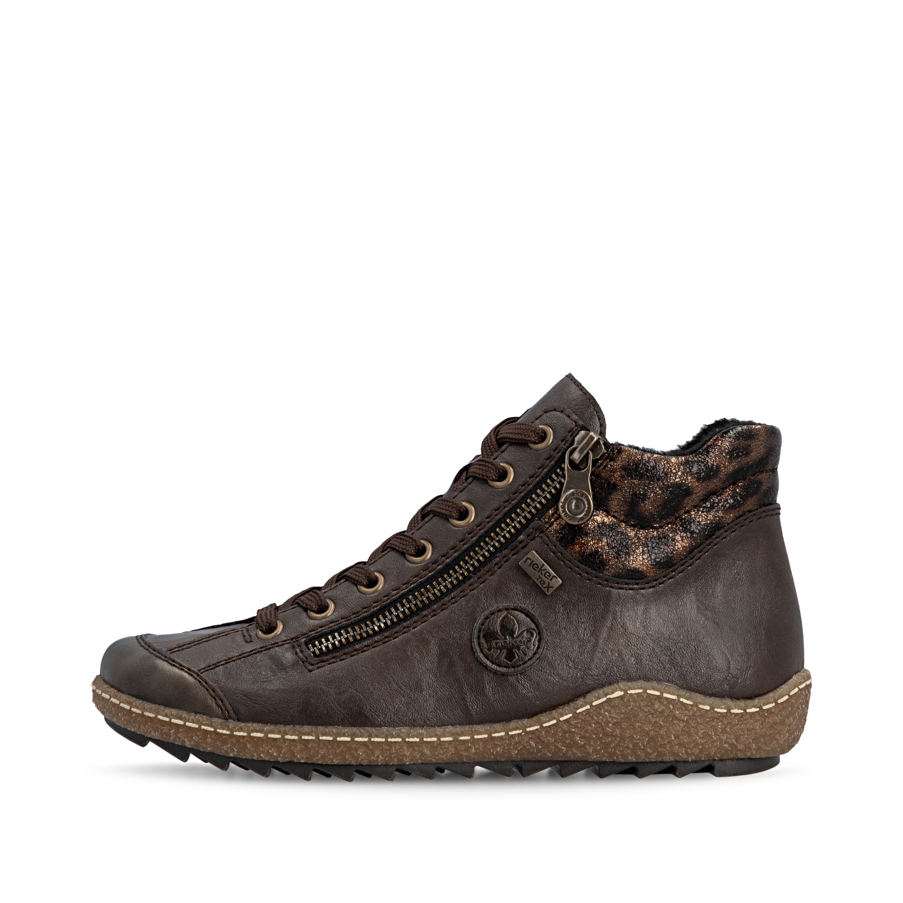 Dunkelbraune Rieker Damen Kurzstiefel L7514-25 mit wasserabweisender TEX-Membran. Schuh Außenseite.
