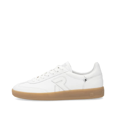 Weiße Rieker Damen Sneaker Low W2200-80 mit Schnürung sowie abriebfester Sohle. Schuh Außenseite.