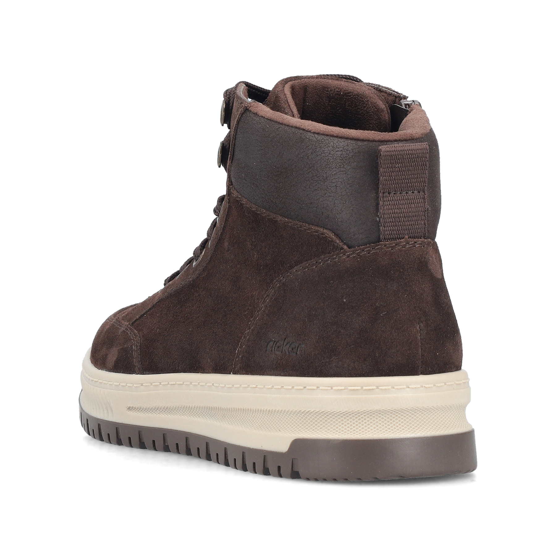 Dunkelbraune Rieker Herren Schnürstiefel 38549-25 aus Rauleder. Schuh von hinten.
