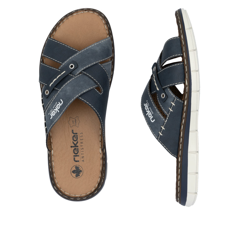 Blaue Rieker Herren Pantoletten 25199-14 mit der Komfortweite G 1/2. Schuh von oben, liegend.