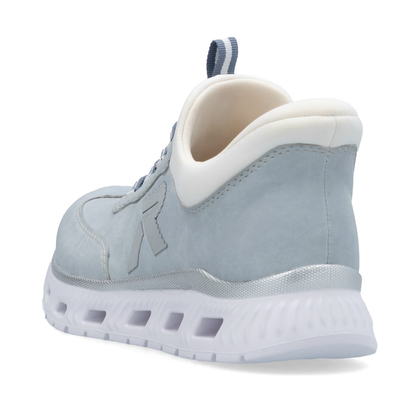 Baskets basses Rieker bleues pour femme M6071-12 avec bande élastique. Chaussure vue de l'arrière.