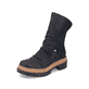 
Asphaltschwarze Rieker Damen Kurzstiefel 75650-00 mit einer schockabsorbierenden Sohle. Schuh seitlich schräg