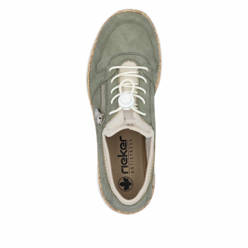 Mocassins Rieker verts femme N42G0-52 avec fermeture éclair décorative. Chaussure vue de dessus.