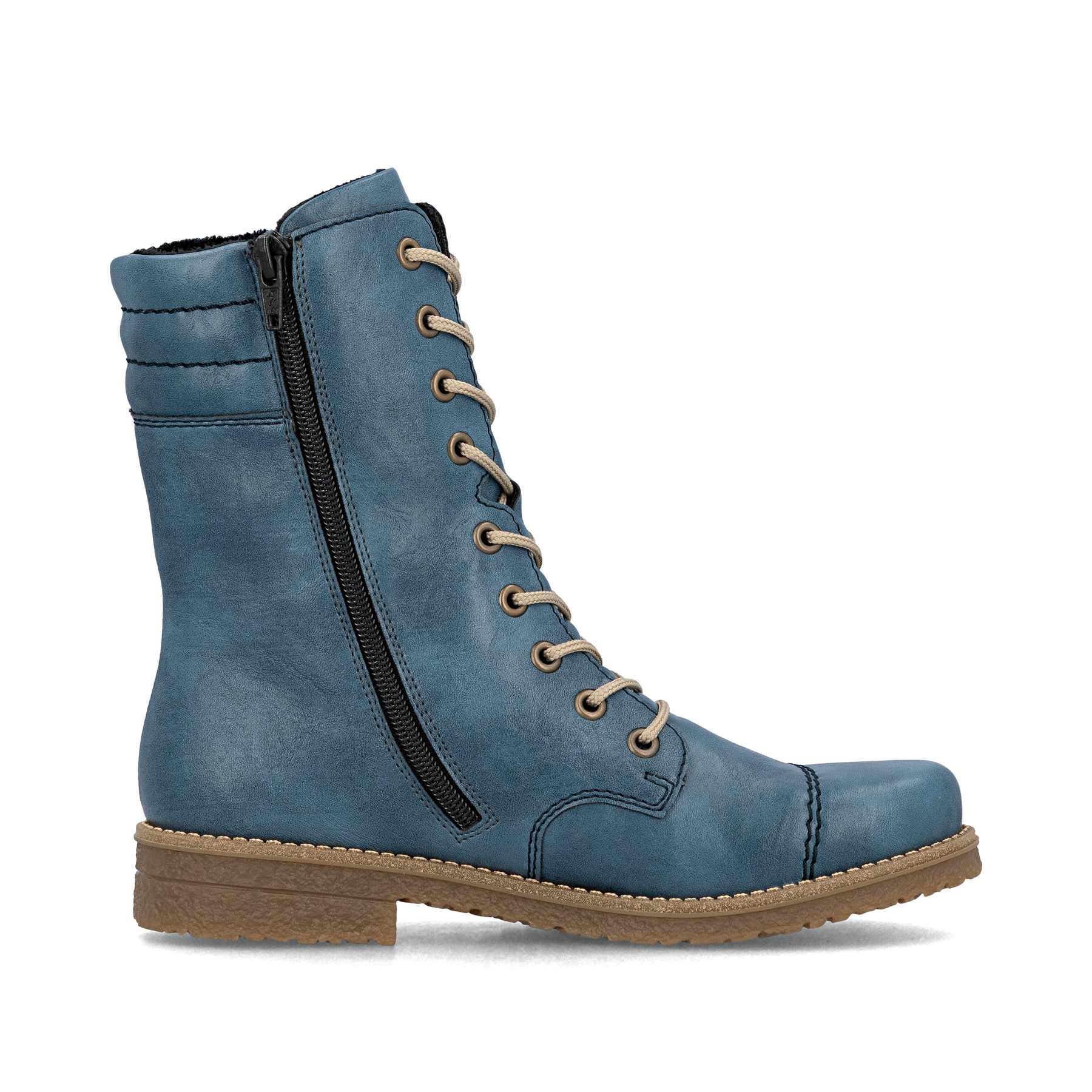 Hellblaue Rieker Damen Schnürstiefel 73570-14 mit gepolstertem Schaftrand. Schuh Innenseite.