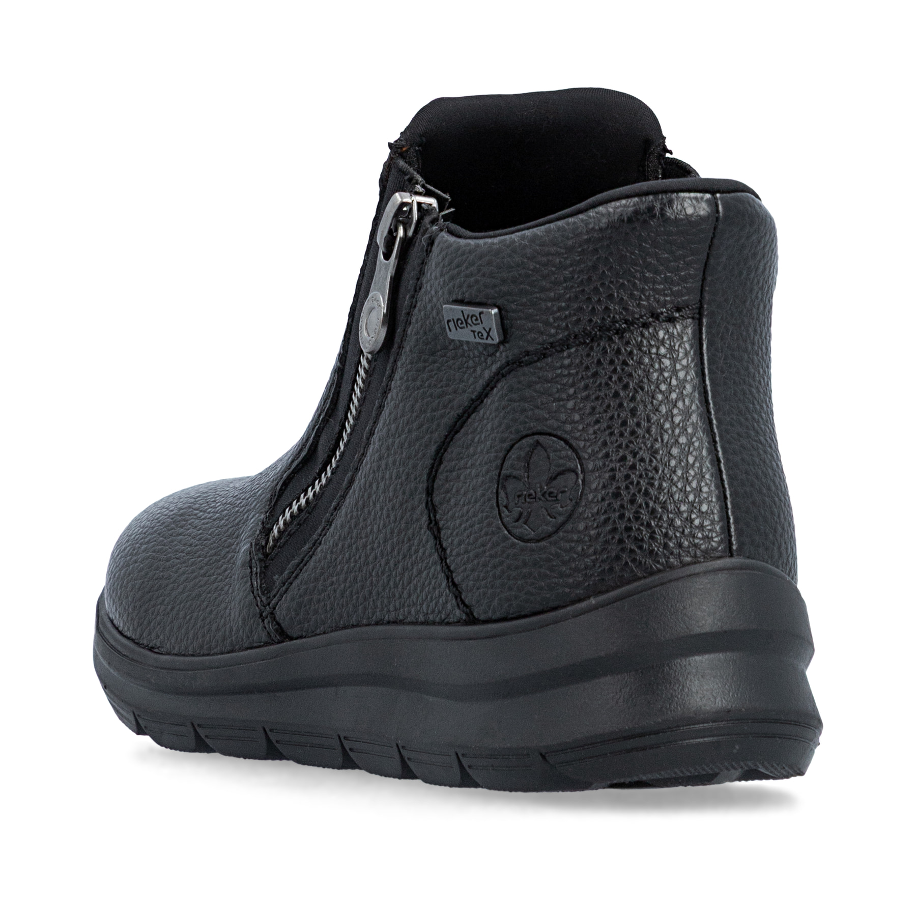 Schwarze Rieker Damen Kurzstiefel Z0059-00 mit wasserabweisender TEX-Membran. Schuh von hinten.