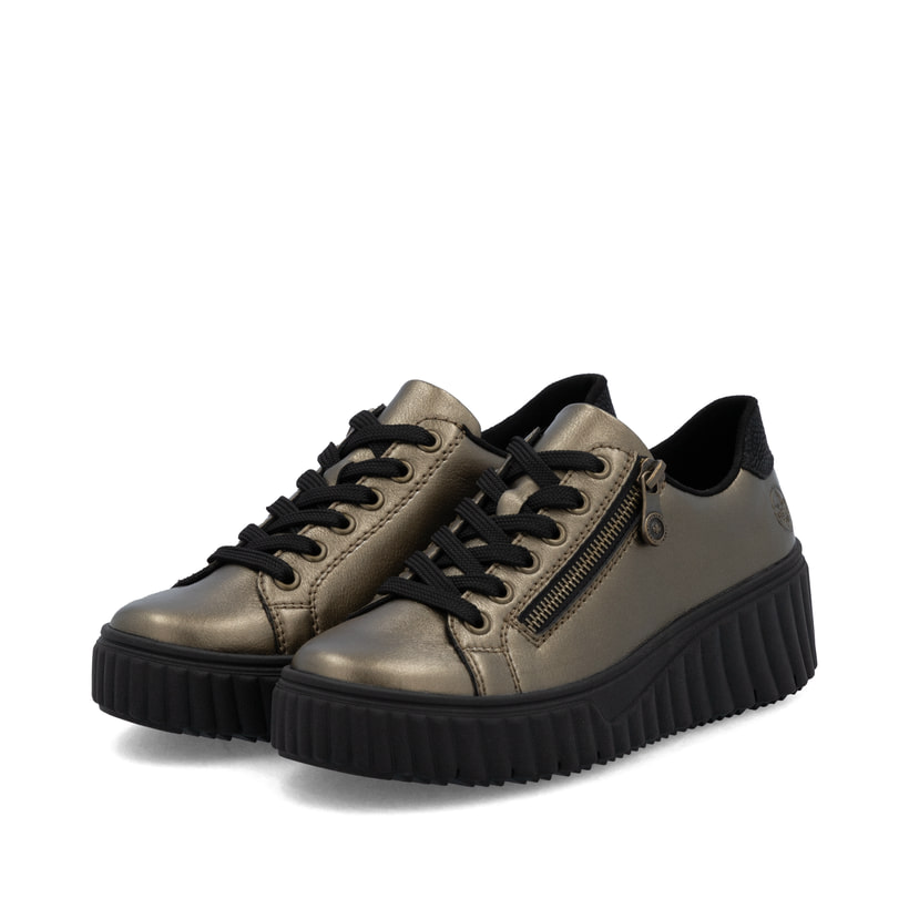 Bronzene Rieker Damen Sneaker Low N2501-90 aus Glattleder mit Reißverschluss. Schuhpaar seitlich schräg.