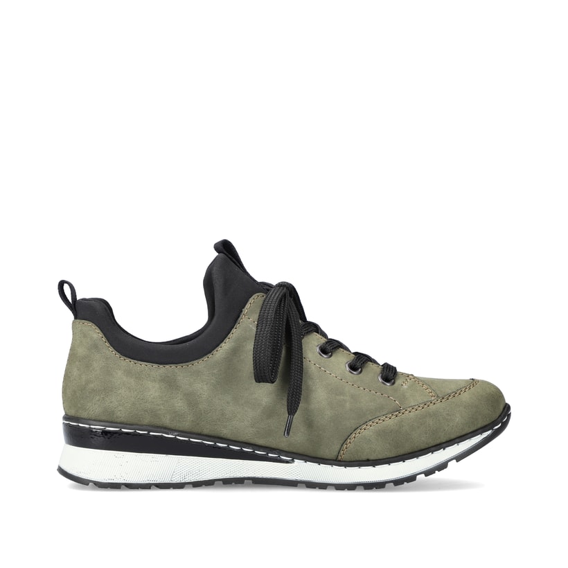 Khakigrüne Rieker Damen Slipper 54470-55 mit Elastikeinsatz sowie einer leichten Sohle. Schuh Innenseite