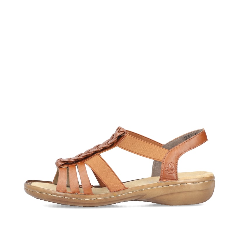 Braune Rieker Damen Riemchensandalen 60809-24 mit einem Gummizug. Schuh Außenseite.