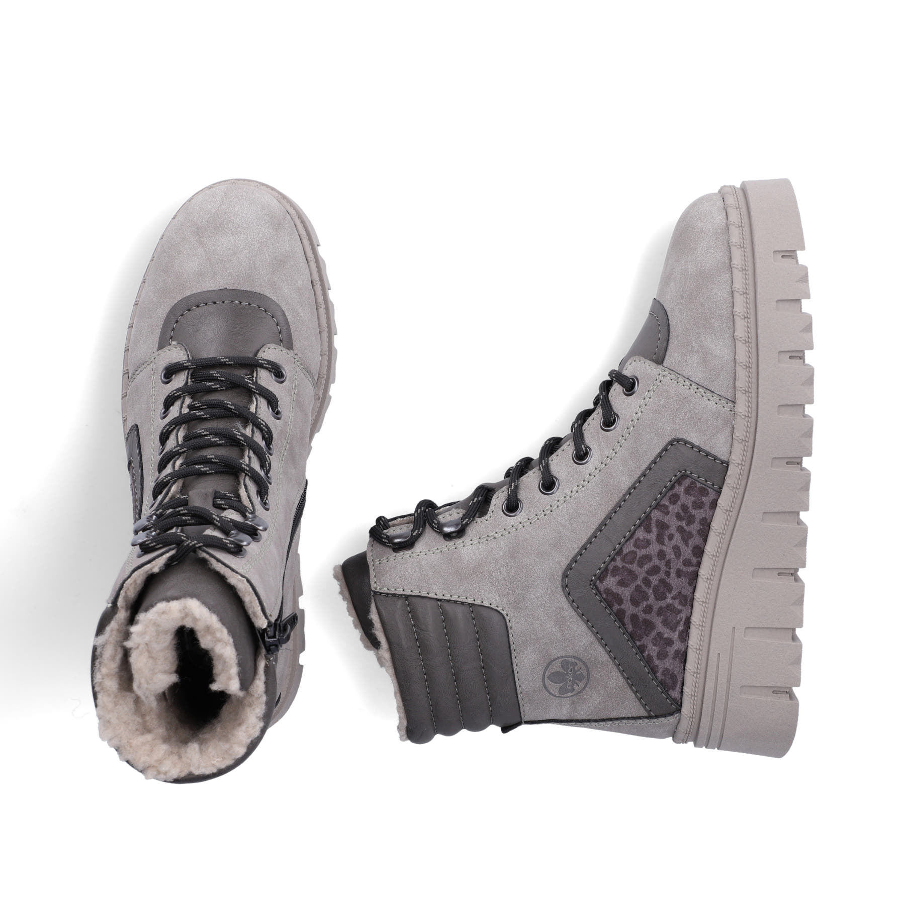 Graue Rieker Damen Schnürstiefel Z8904-40 mit einem Reißverschluss. Schuh von oben, liegend.