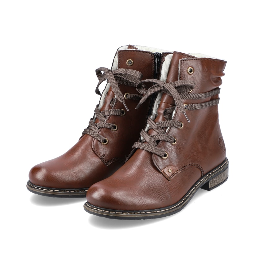 Dunkelbraune Rieker Damen Schnürstiefel 71229-22 mit einem Reißverschluss. Schuhpaar seitlich schräg.