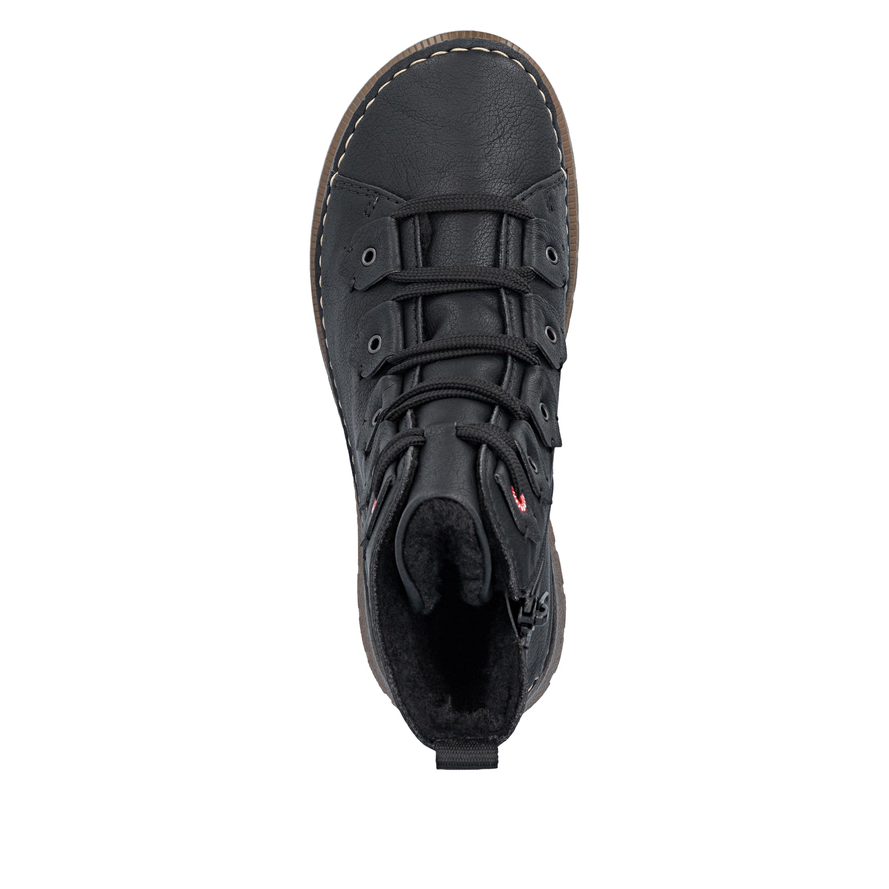Schwarze Rieker Damen Schnürstiefel 53602-00 mit einem Reißverschluss. Schuh von oben.