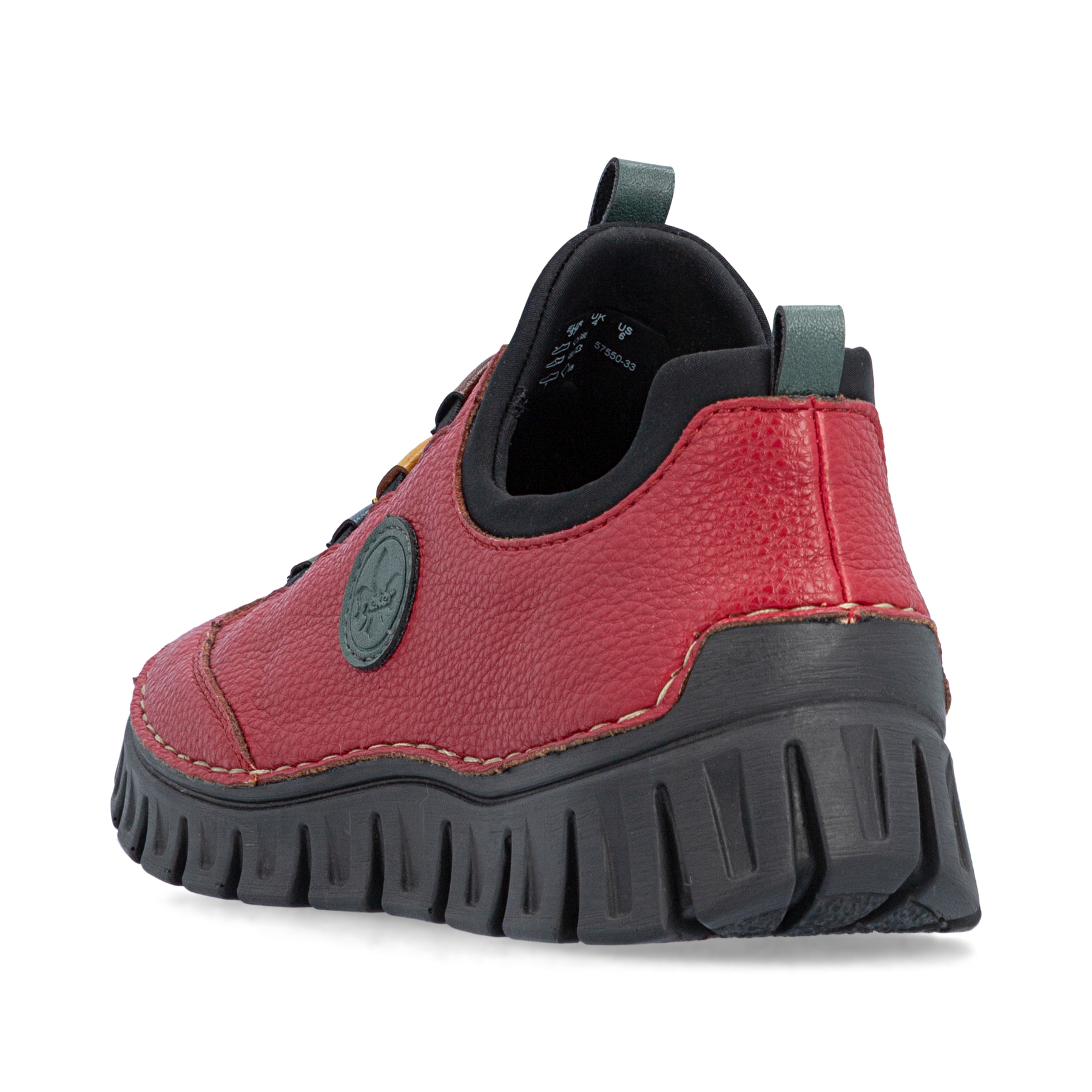 Rot-schwarze Rieker Damen Slipper 57550-33 mit einem Gummizug. Schuh von hinten.