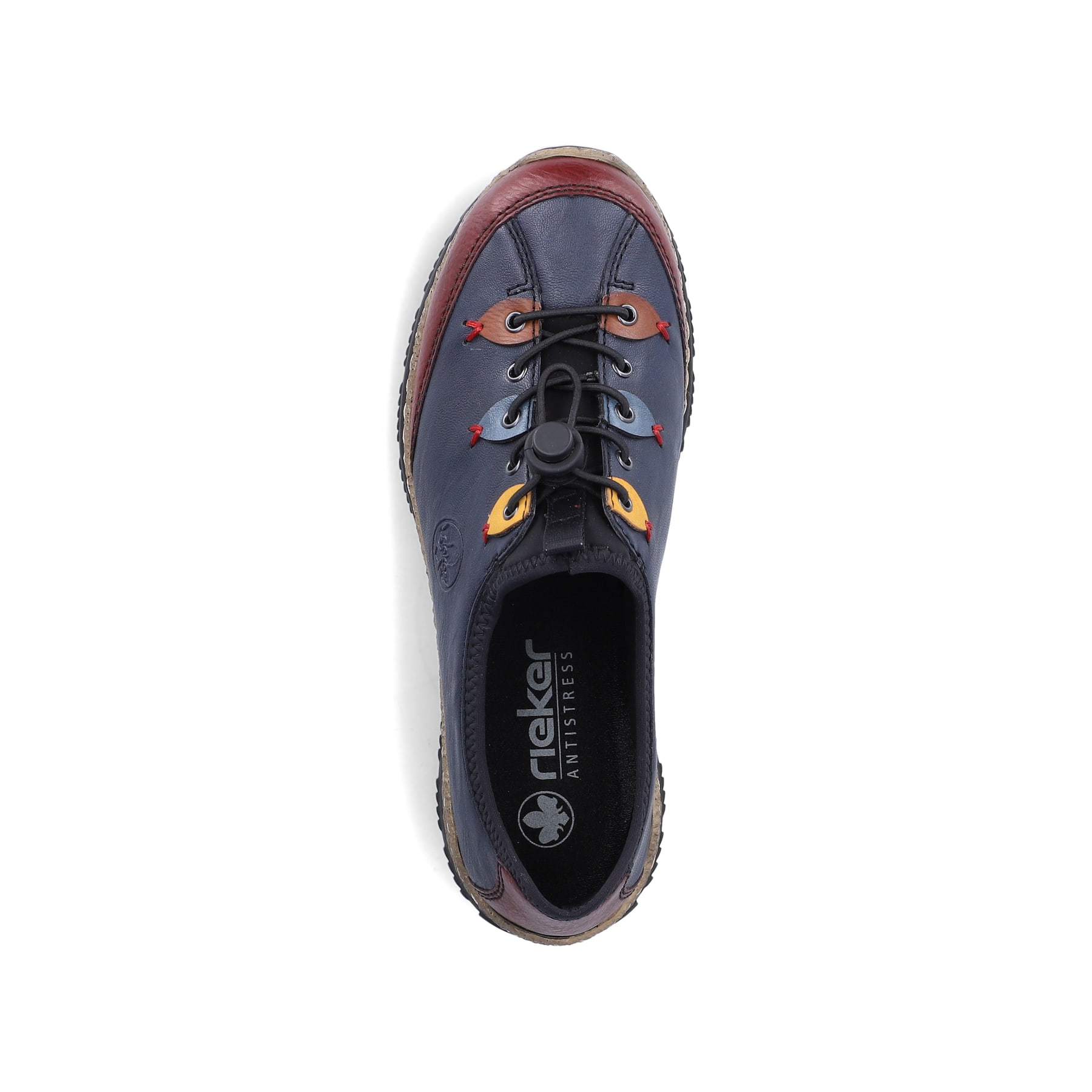 Mocassins Rieker bleus pour femme N3271-35 avec oeillets décoratifs. Semelle extérieure de la chaussure.