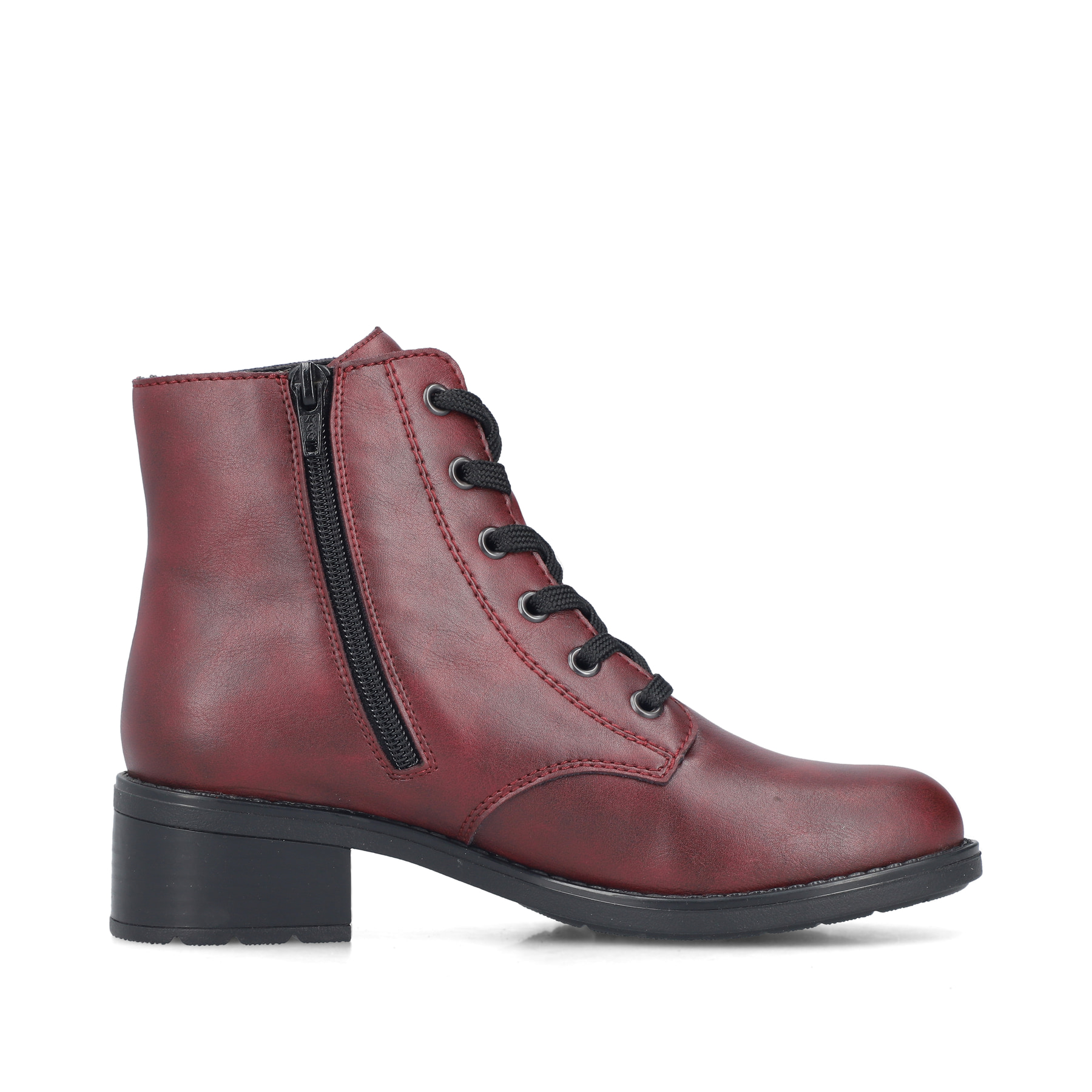 Weinrote Rieker Damen Schnürstiefel 75433-35 mit einem Reißverschluss. Schuh Innenseite.