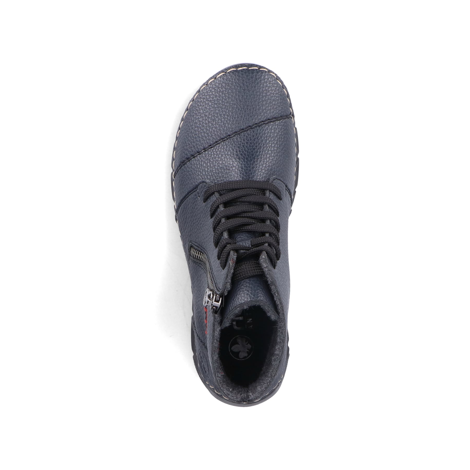 Dunkelblaue Rieker Damen Schnürstiefel 55034-14 mit einem Reißverschluss. Schuh von oben.