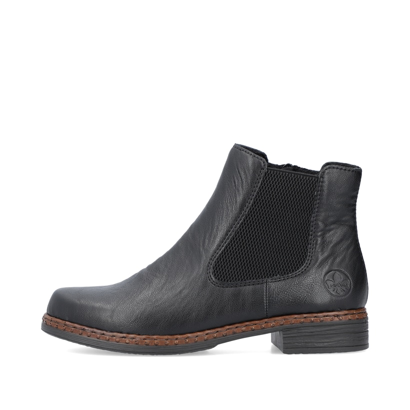 
Nachtschwarze Rieker Damen Chelsea Boots 75170-00 mit einer schockabsorbierenden Sohle. Schuh Außenseite