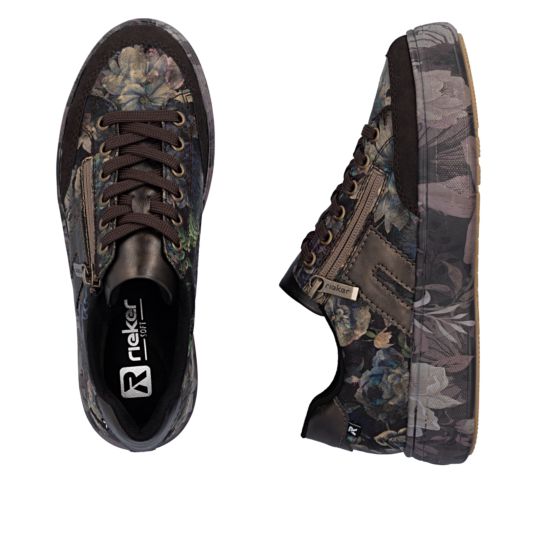 Dunkelbraun-schwarze Rieker Damen Sneaker Low M7711-26 mit floralem Aufdruck. Schuh von oben, liegend.