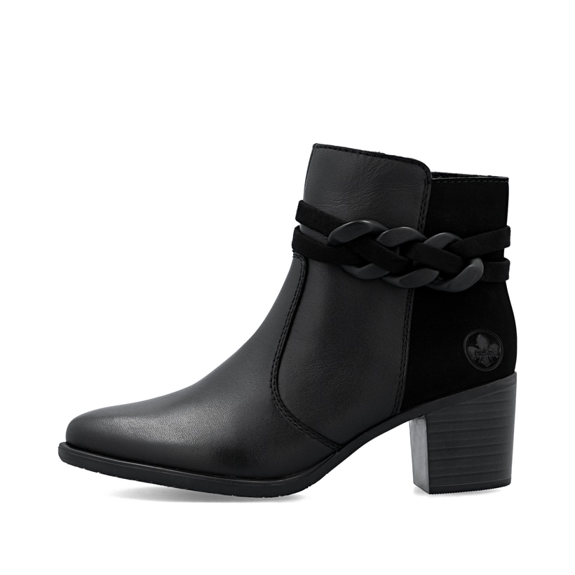 Bottines Rieker noires femme Y2066-00 en cuir lisse avec fermeture éclair. Côté extérieur de la chaussure.