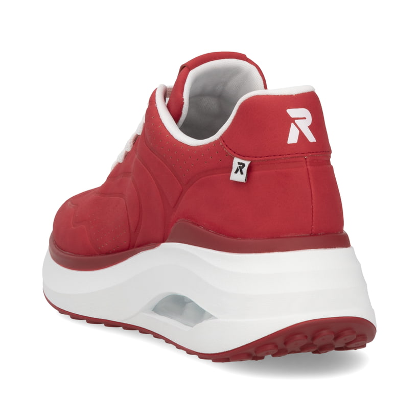 Rote vegane Rieker Damen Sneaker Low W2700-33 mit einer Schnürung. Schuh von hinten.