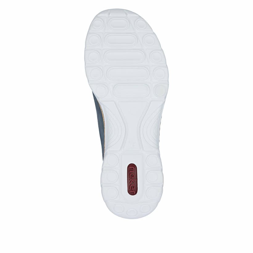 Blaue Rieker Damen Slipper N4264-14 mit einem Gummizug. Schuh Laufsohle.