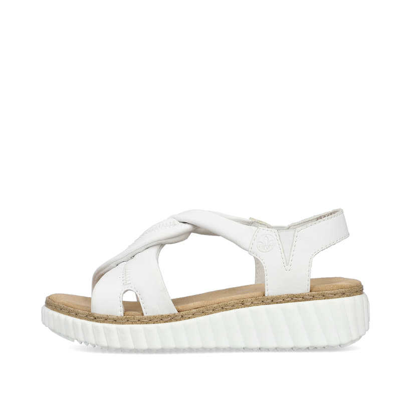 Weiße Rieker Keilsandaletten 63261-80 mit einem Gummizug sowie der Extraweite H. Schuh Außenseite.