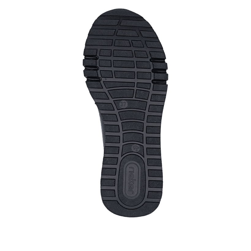 Dunkelblaue Rieker Damen Loafer 49051-14 mit Deko-Kette sowie einem Gummizug. Schuh Laufsohle.