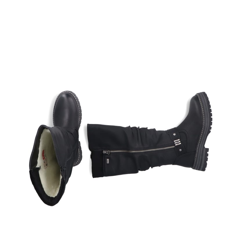Schwarze Rieker Damen Hochschaftstiefel 93093-00 mit einem Reißverschluss. Schuh von oben, liegend.