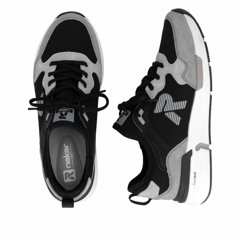 Mocassins Rieker noirs pour homme U1405-00 avec bande élastique. Chaussure vue de dessus, couchée.