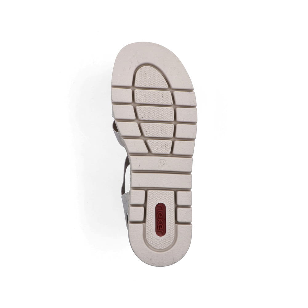 Silberne Rieker Keilsandaletten V4918-90 mit modischen Flechtelementen. Schuh Laufsohle.