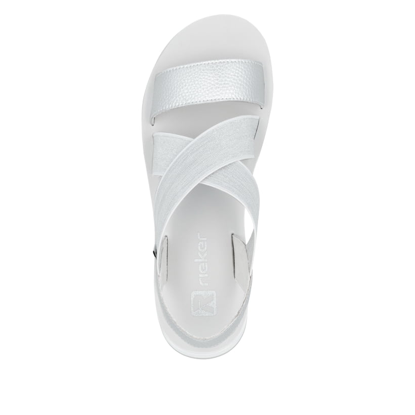 Silberne Rieker Damen Riemchensandalen W3053-90 mit einem Gummizug. Schuh von oben.