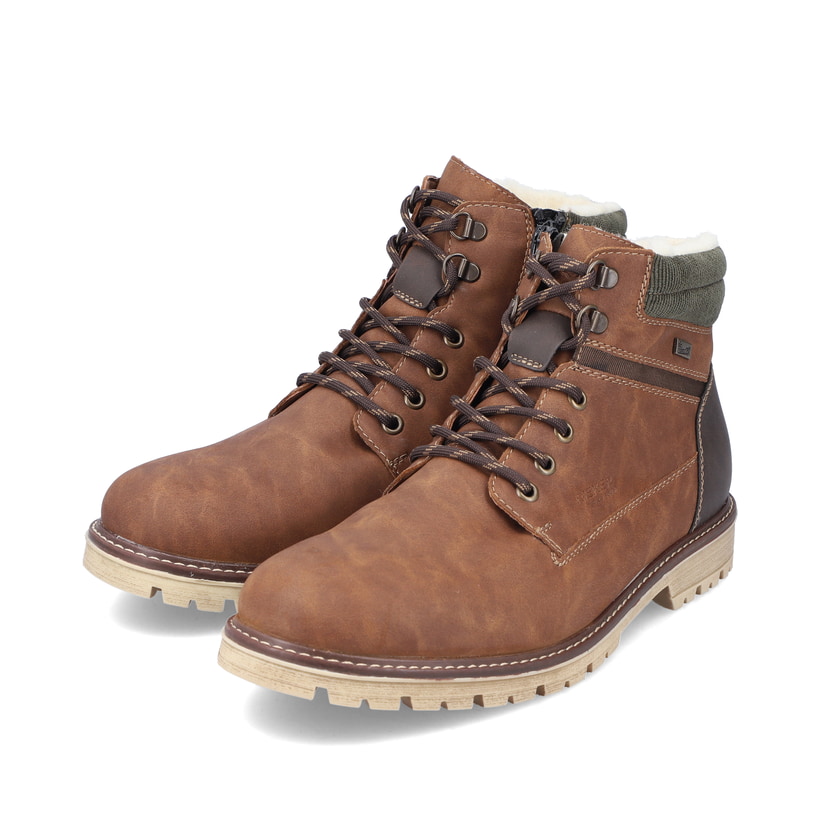 Braune Rieker Herren Schnürstiefel F3611-25 mit wasserabweisender TEX-Membran. Schuhpaar seitlich schräg.