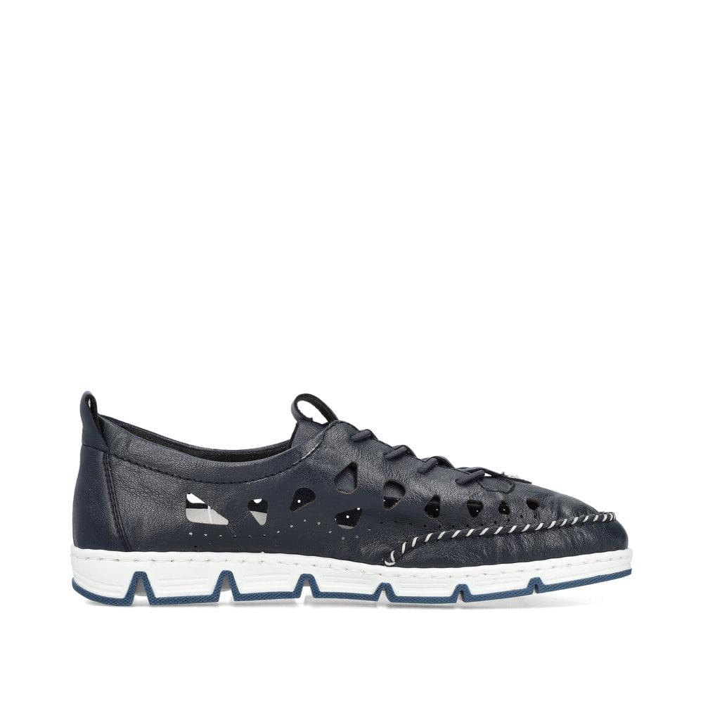 Blaue Rieker Damen Slipper 49956-14, Barfußschuhe mit einem Gummizug. Schuh Innenseite.