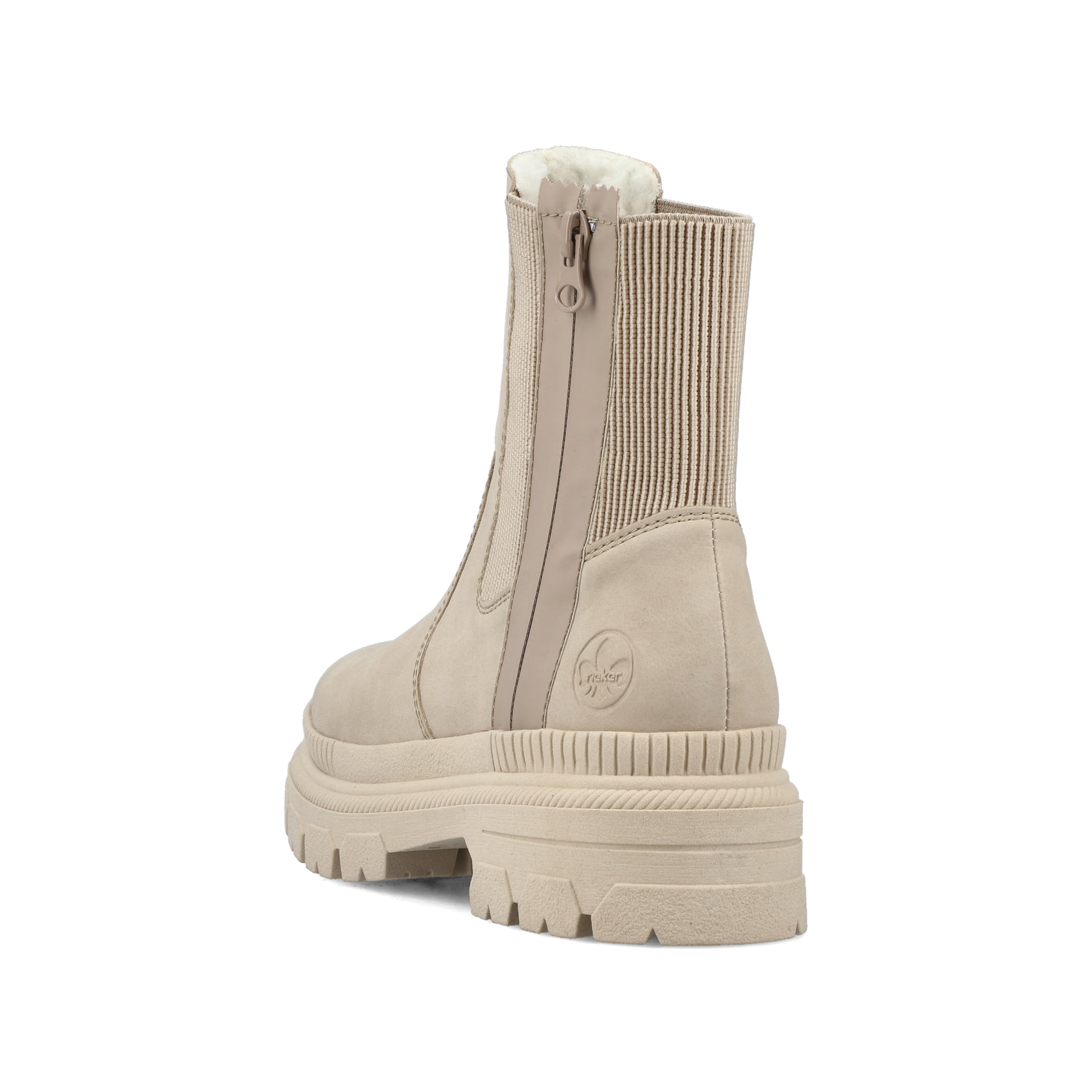 Beige Rieker Damen Chelsea Boots Y9373-62 mit Reißverschluss sowie einer Profilsohle. Schuh von hinten