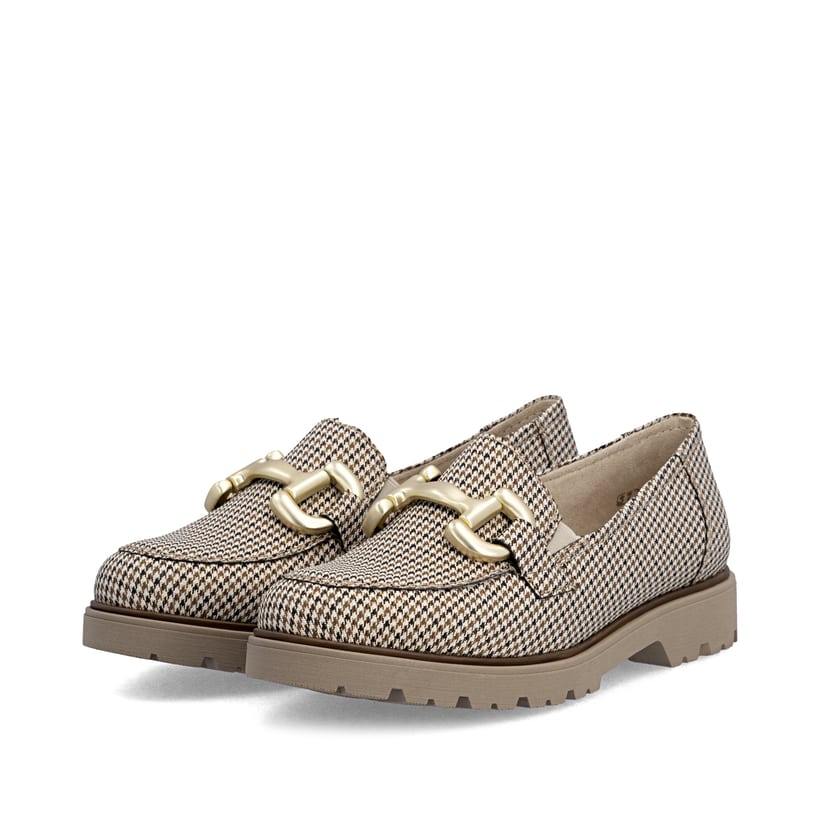 Mocassins Rieker beiges pour femmes 45561-60 avec éléments décoratifs. Chaussures inclinées sur le côté.
