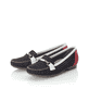 Blaue Rieker Damen Loafer 40065-14 mit der schmalen Passform E 1/2. Schuhpaar seitlich schräg.