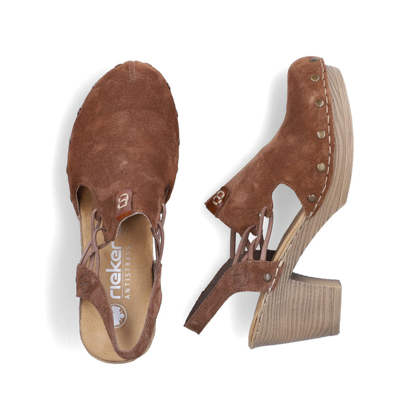 Braune Rieker Slingpumps 66775-24 aus Rauleder mit handgestickten Nähten. Schuh von oben, liegend.