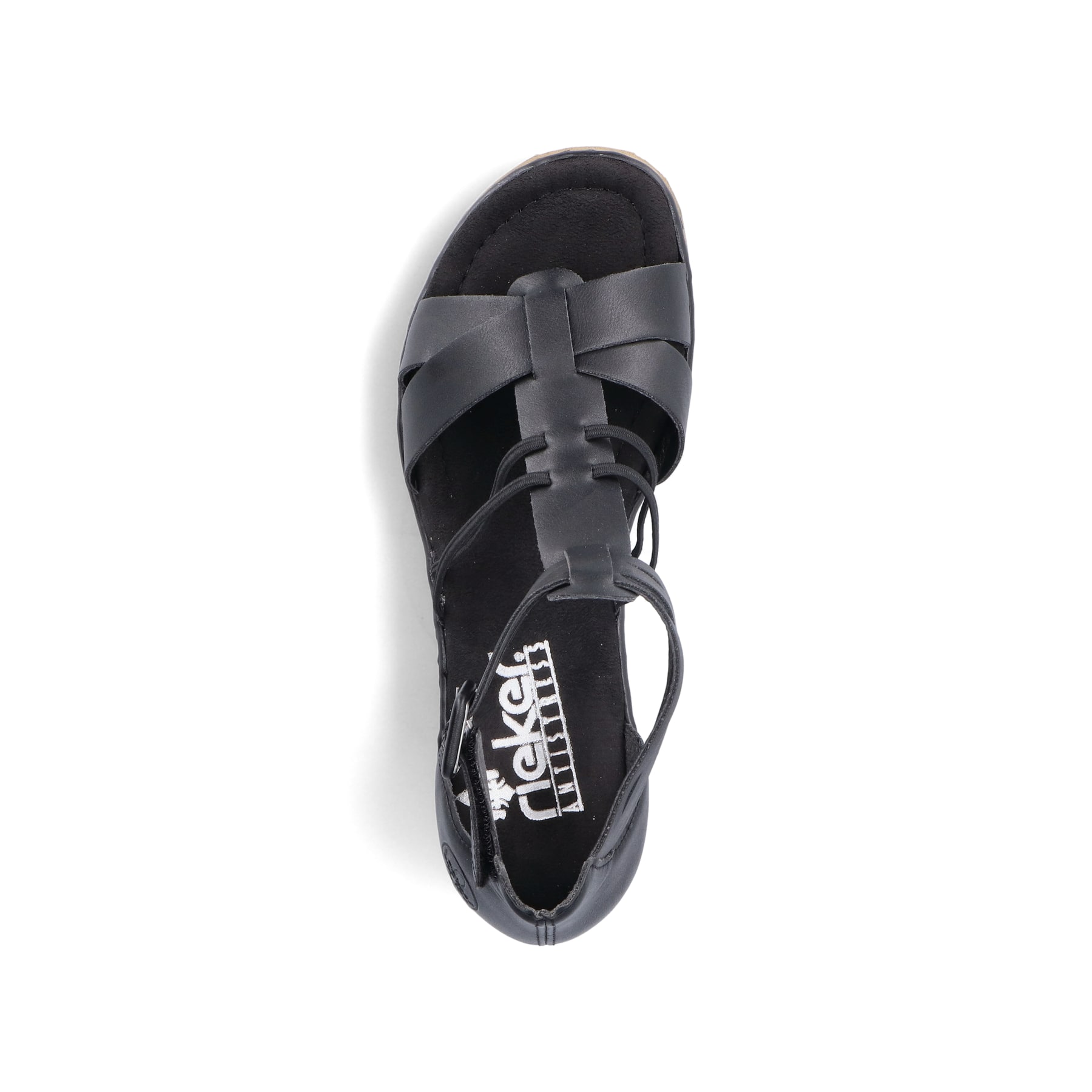 Schwarze Rieker Keilsandaletten 67480-01 mit trendigen Schnalle. Schuh von oben.