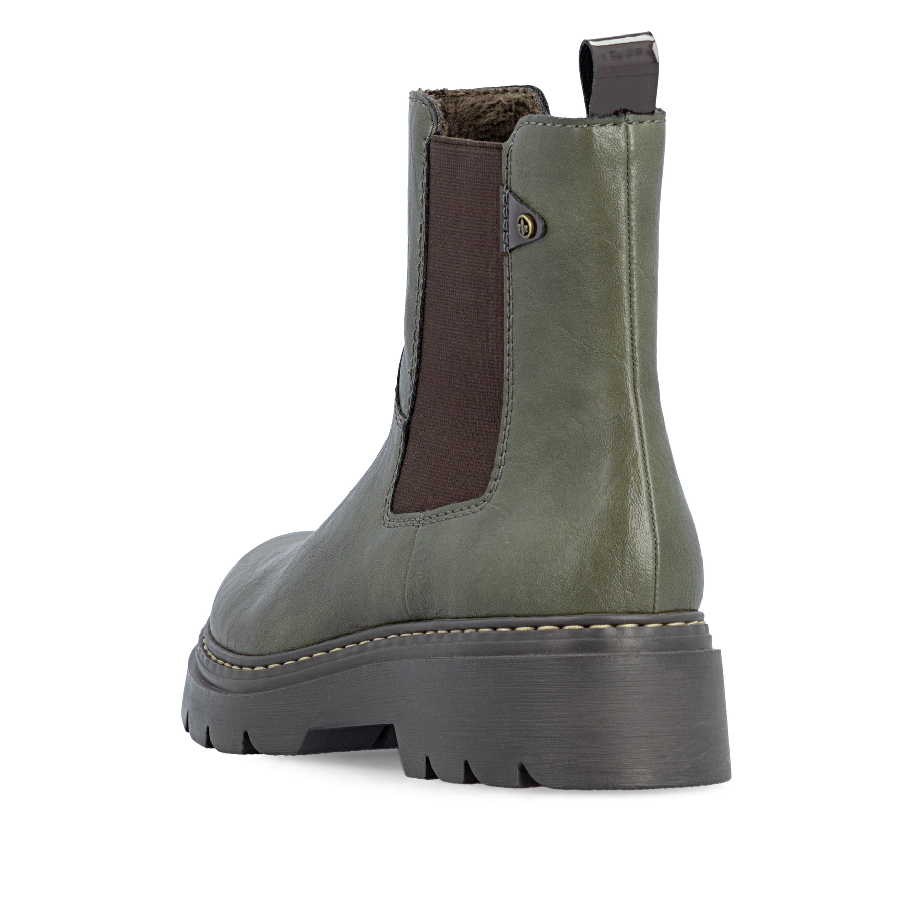 Dunkelgrüne Rieker Damen Chelsea Boots 76750-54 mit einem Reißverschluss. Schuh von hinten.