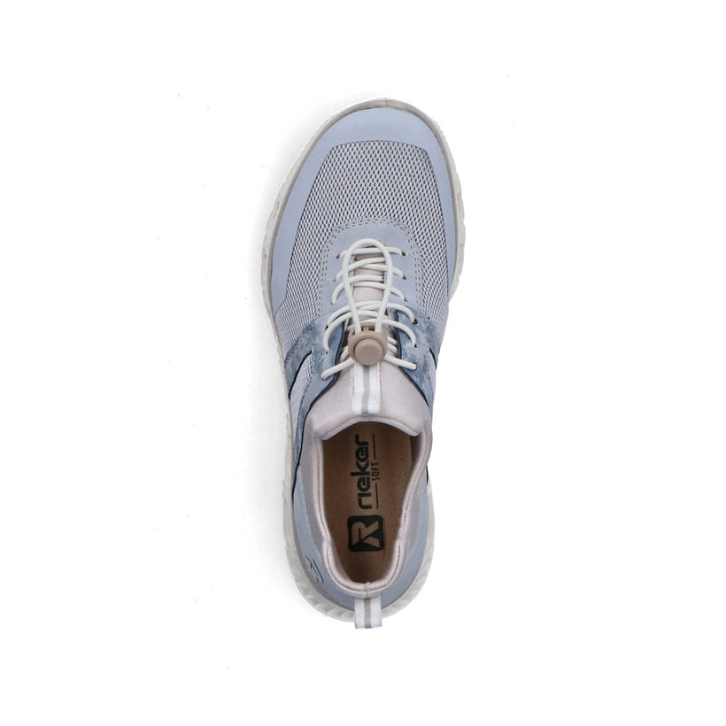 Blaue Rieker Damen Sneaker Low M6061-12 mit einem Gummizug sowie Komfortweite G. Schuh von oben.