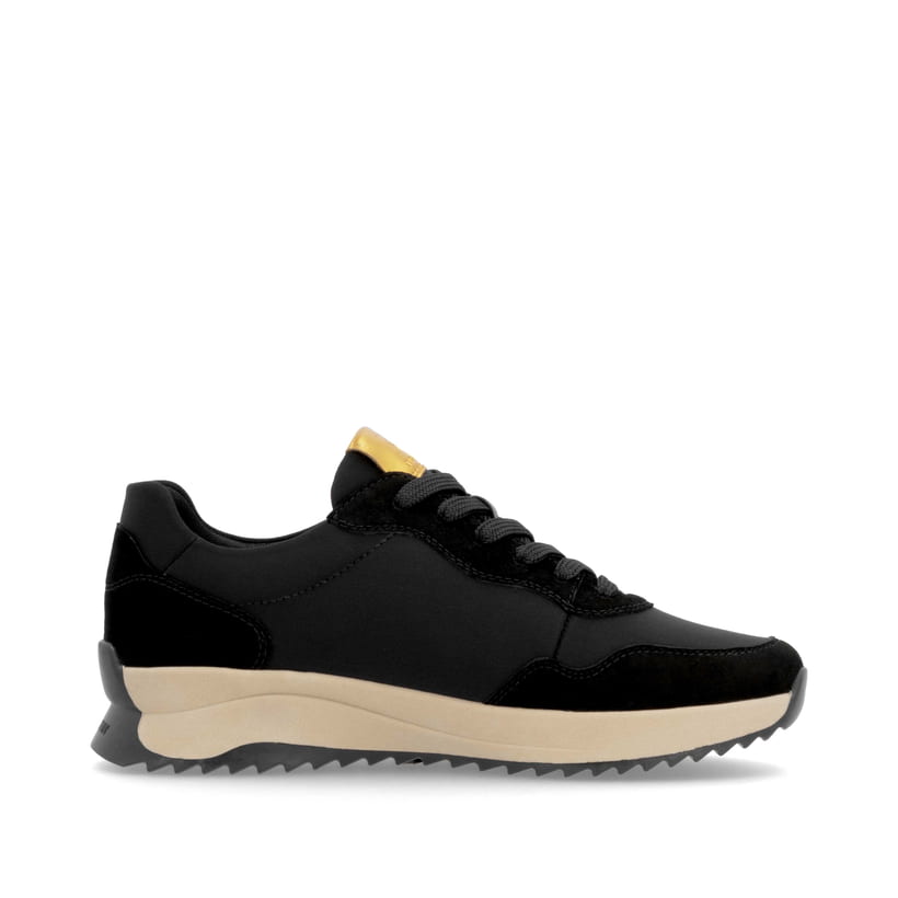 Baskets basses Rieker noires pour femme W1302-00 avec semelle durable. Intérieur de la chaussure.
