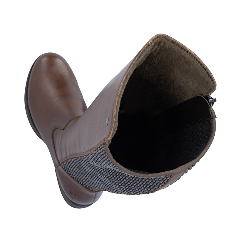 Dunkelbraune Rieker Damen Hochschaftstiefel Z9591-29 aus Glattleder. Schuh von oben, liegend.