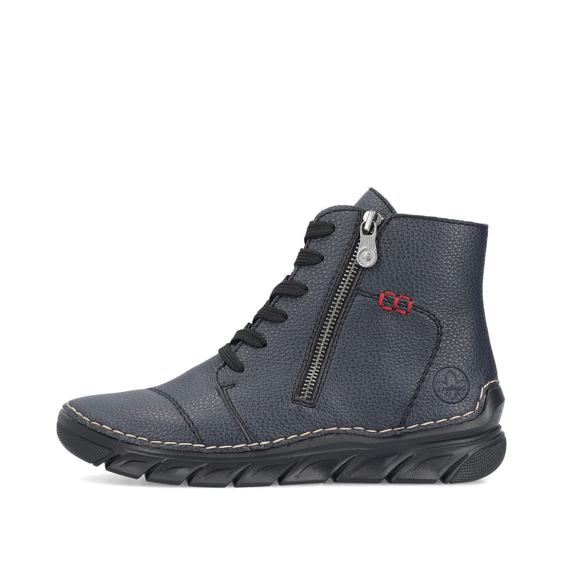 Dunkelblaue Rieker Damen Schnürstiefel 55034-14 mit einem Reißverschluss. Schuh Außenseite.